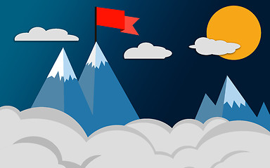 Image showing Top of the mountain with red flag, success concept