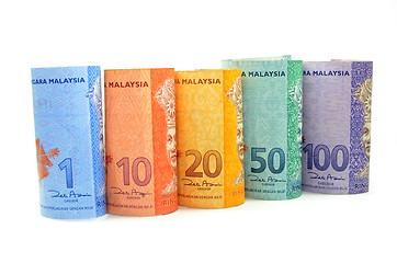 Image showing Malaysia currency one,five,ten,fifty and hundred ringgit