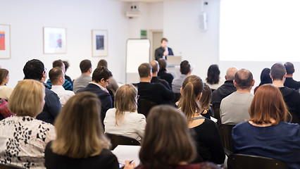 Image showing Business speaker giving a talk at business conference event.