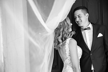 Image showing Groom hugs bride tenderly in the shadow of a flying veil.