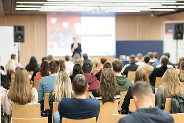 Image showing Female speaker giving presentation on business conference.