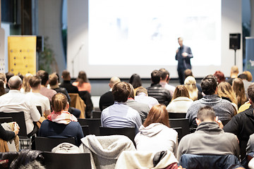 Image showing Business speaker giving a talk at business conference event.