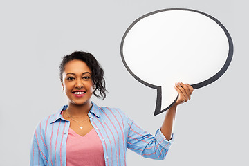 Image showing happy african american woman holding speech bubble