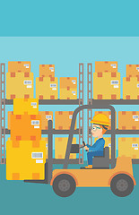 Image showing Warehouse worker moving load by forklift truck.