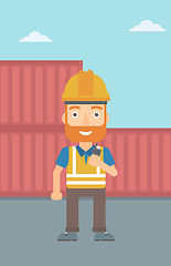 Image showing Stevedore standing on cargo containers background.