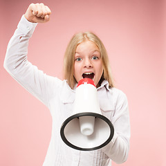 Image showing The little girl making announcement with megaphone