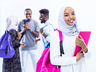 Image showing portrait of african female student with group of friends