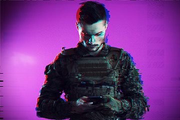 Image showing soldier using smartphone glitch