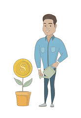 Image showing Young hispanic businessman watering money flower.