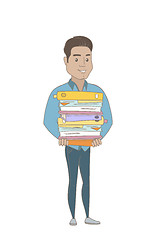 Image showing Young hispanic businessman holding pile of folders