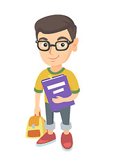 Image showing Caucasian pupil with backpack and textbook.