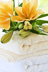 Image showing Stack of towels with flowers