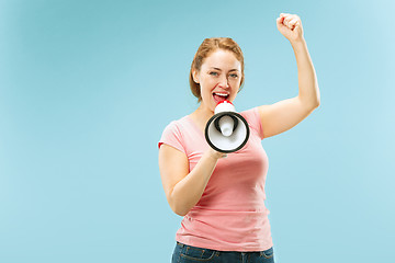 Image showing Woman making announcement with megaphone