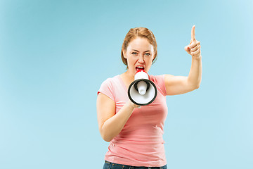 Image showing Woman making announcement with megaphone