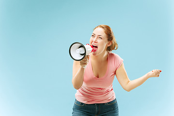 Image showing Woman making announcement with megaphone