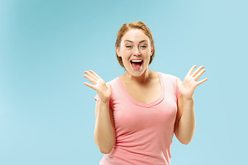 Image showing Winning success woman happy ecstatic celebrating being a winner. Dynamic energetic image of female model