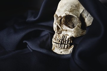 Image showing Closeup photo an old skull covered in black robe