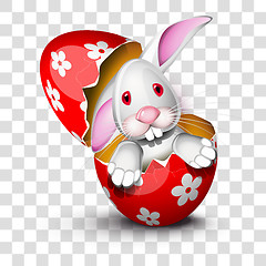 Image showing Bunny in an opened red egg shell with transparency