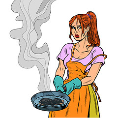 Image showing woman and a food burnt in a frying pan