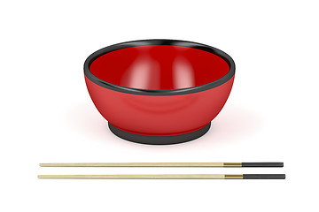 Image showing Empty bowl and wooden chopsticks