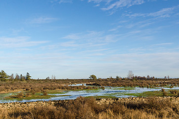 Image showing Flooded plain grassland with a dry stone wall