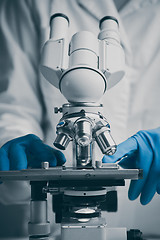 Image showing Close-up shot of microscope with metal lens at laboratory.