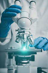 Image showing Close-up shot of microscope with metal lens at laboratory.