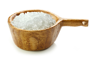 Image showing sea salt in wooden bowl