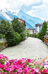 Image showing Arve river, buildings of Chamonix and Mont Blanc Massif