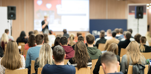 Image showing Female speaker giving presentation on business conference.