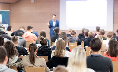 Image showing Business speaker giving a talk at business conference event.