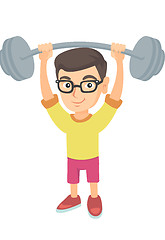 Image showing Strong caucasian boy lifting heavy weight barbell.