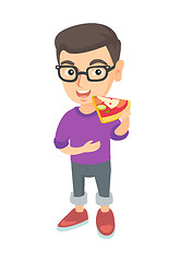 Image showing Caucasian boy in glasses eating tasty pizza.