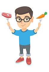 Image showing Caucasian boy holding fresh carrot and steak.