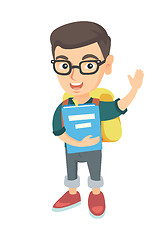 Image showing Schoolboy holding a book and waving his hand.