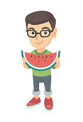 Image showing Young caucasian boy eating delicious watermelon.