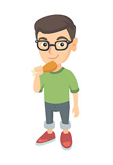 Image showing Caucasian boy eating roasted chicken leg.