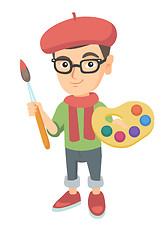 Image showing Boy dressed as an artist holding brush and paints.