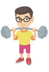 Image showing Upset caucasian boy lifting heavy weight barbell.