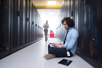 Image showing Team of young technicians working together on servers