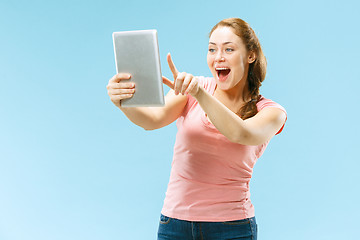 Image showing Businesswoman hugging laptop. Love to computer concept.