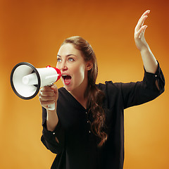 Image showing Woman making announcement with megaphone