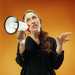 Image showing Woman making announcement with megaphone