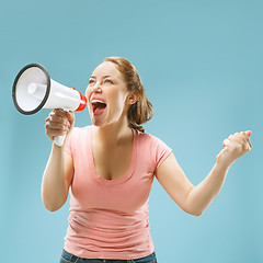 Image showing Woman making announcement with megaphone