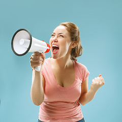 Image showing Woman making announcement with megaphone