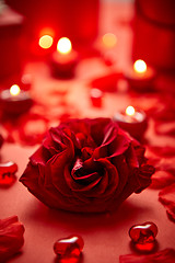 Image showing Valentines day romantic decoration with roses, boxed gifts, candles