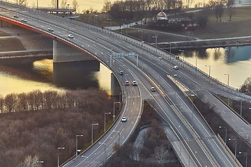 Image showing Highway bridge with some traffic, aerial view