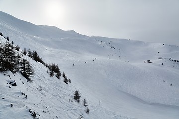 Image showing Skiing slopes, snowy Alpine landscape