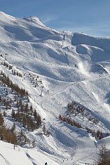 Image showing Skiing slopes, snowy Alpine landscape