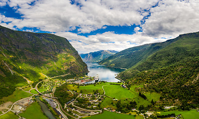 Image showing Aurlandsfjord Town Of Flam at dawn.